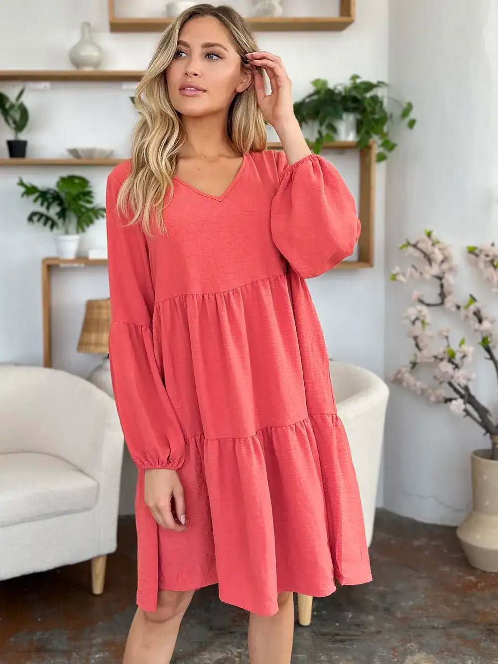 V - Neck Tiered Dress with Balloon Sleeves and Pockets - Bela Fils BoutiqueBela Fils Boutique